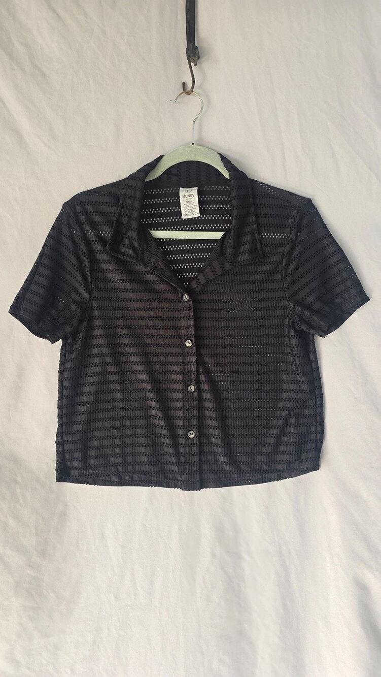 Hurley Shirt Womens Small Black Mesh Stripe Cropped Short Sleeve Button Up Top